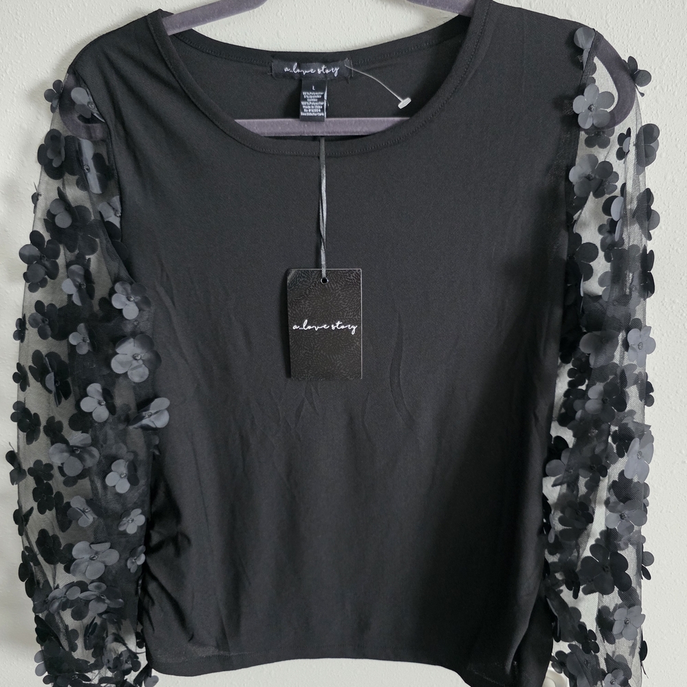Black Floral Applique Sleeve Women's Top
